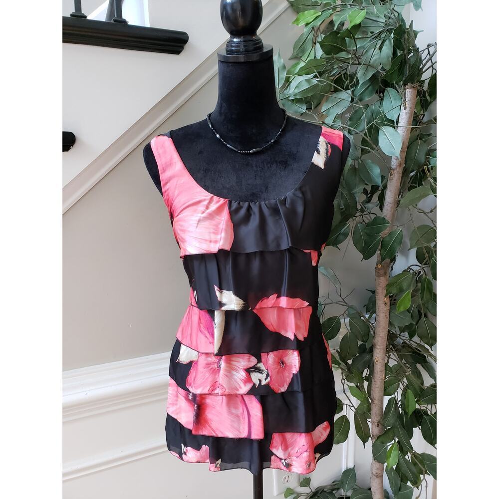 White House Black Market Tank Top Womens M Black Pink Floral Layered Scoop Neck - Picture 2 of 10